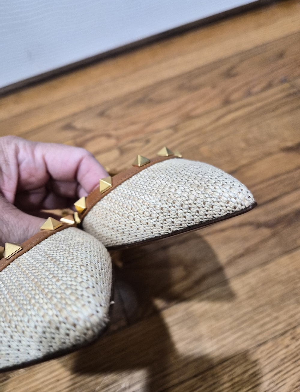 Valentino Garavani Rockstud Raffia Slingback Flats Nude Tan Leather NIB Sz 36 - Picture 8 of 16
